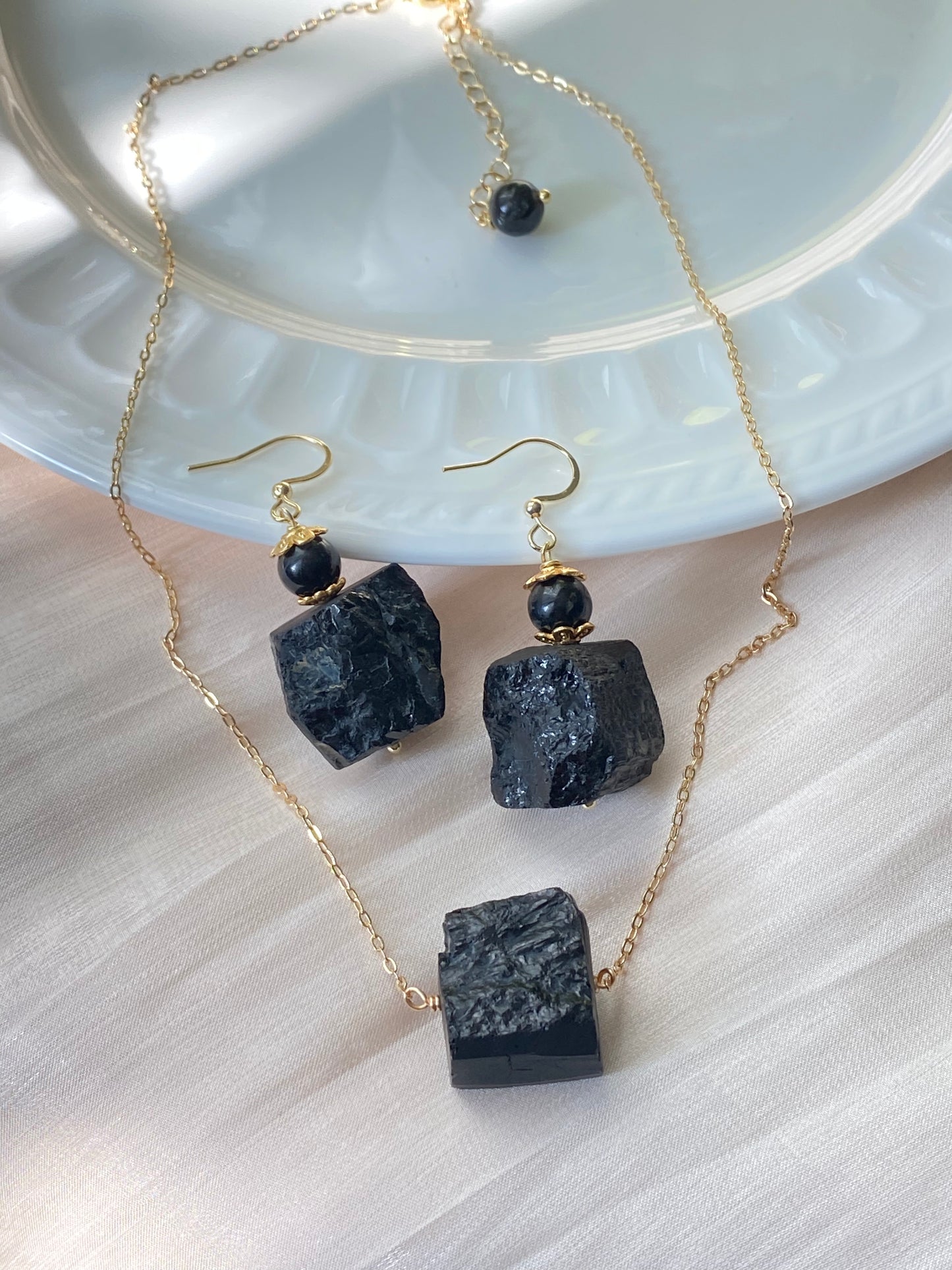 Raw Black Tourmaline Necklace and Earring Set - Protective Energy Healing Crystal Jewelry