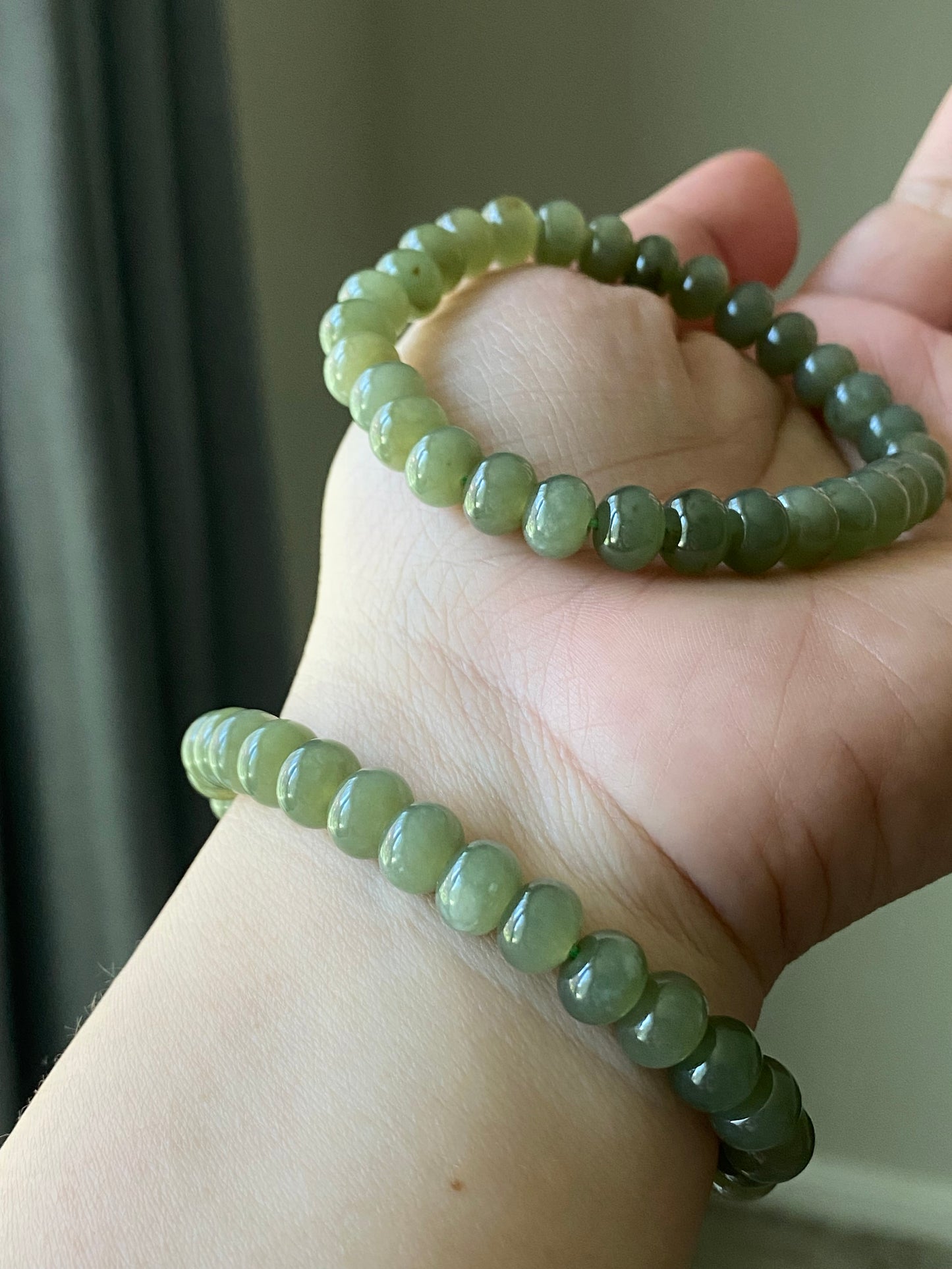 High Grade Nephrite Hetian Jade Biyu ,Abacus Bead Donut Ring Shape Green Bracelet  Emotional Healing and Self-Acceptance 8MM