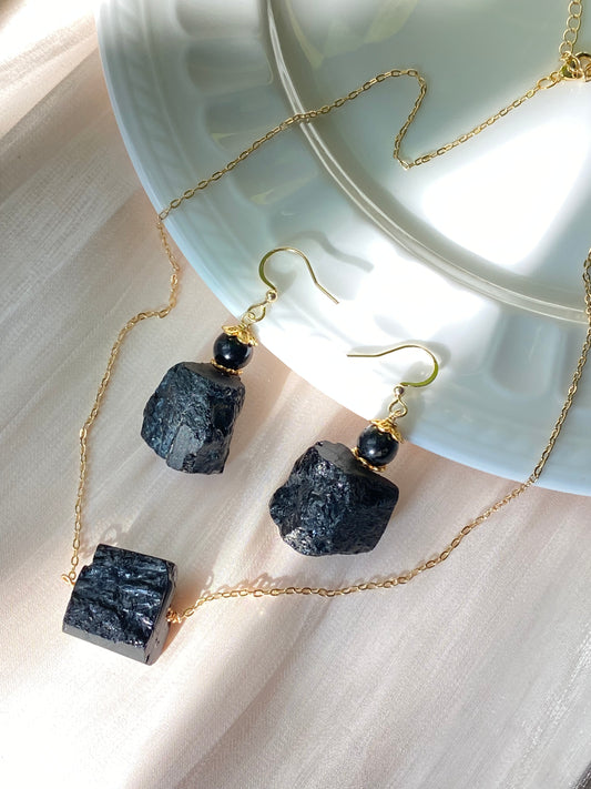 Raw Black Tourmaline Necklace and Earring Set - Protective Energy Healing Crystal Jewelry