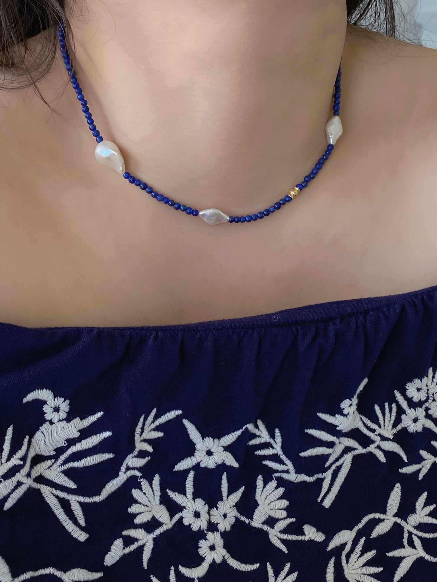 Lapis Lazuli and Diamond-Shaped Baroque Pearl Necklace  | Fireball Baroque Pearl | Handmade Gift | Gift for Mom | Chocker Necklace