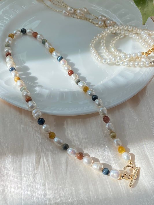 Natural freshwater pearl with rainbow tiger eyes chocker necklace,gift for her,gift for him