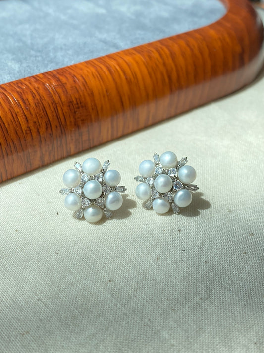 Snowflake Pearl zircon sterling silver Stud Earrings
