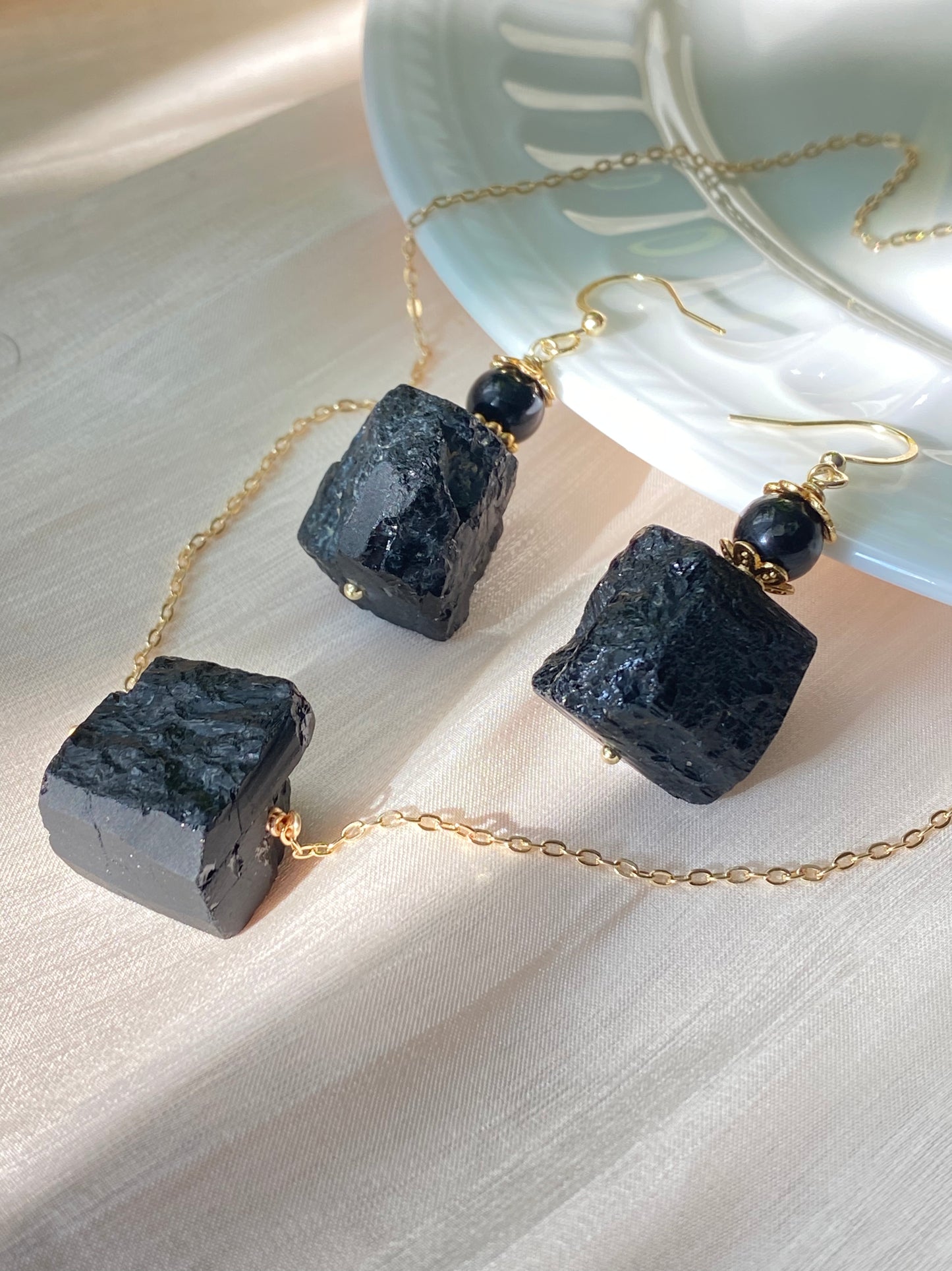 Raw Black Tourmaline Necklace and Earring Set - Protective Energy Healing Crystal Jewelry