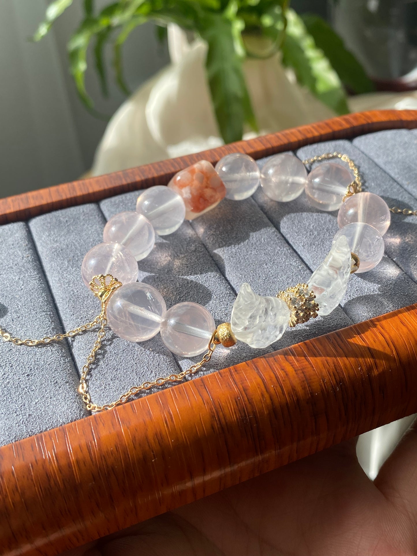 Natural star rose quartz with cube flower agate handcraft white crystal wing design dangle bracelet,gift for her