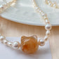 Natural handcraft flower agate kitty cat head with freshwater pearl necklace-Unique Gemstone Elegance