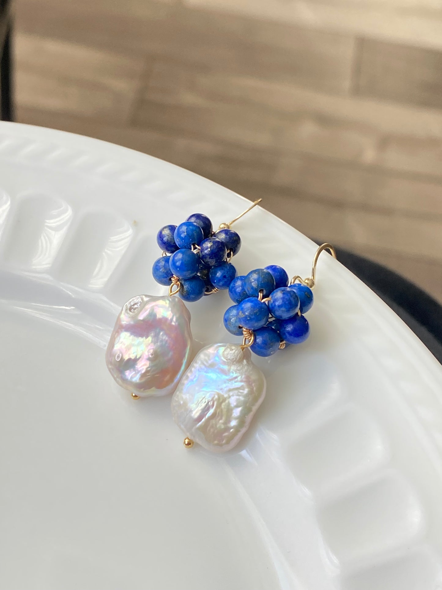 Blooming Lapis Lazuli Sphere & Pearl Earrings - Unique Design for Love Expression