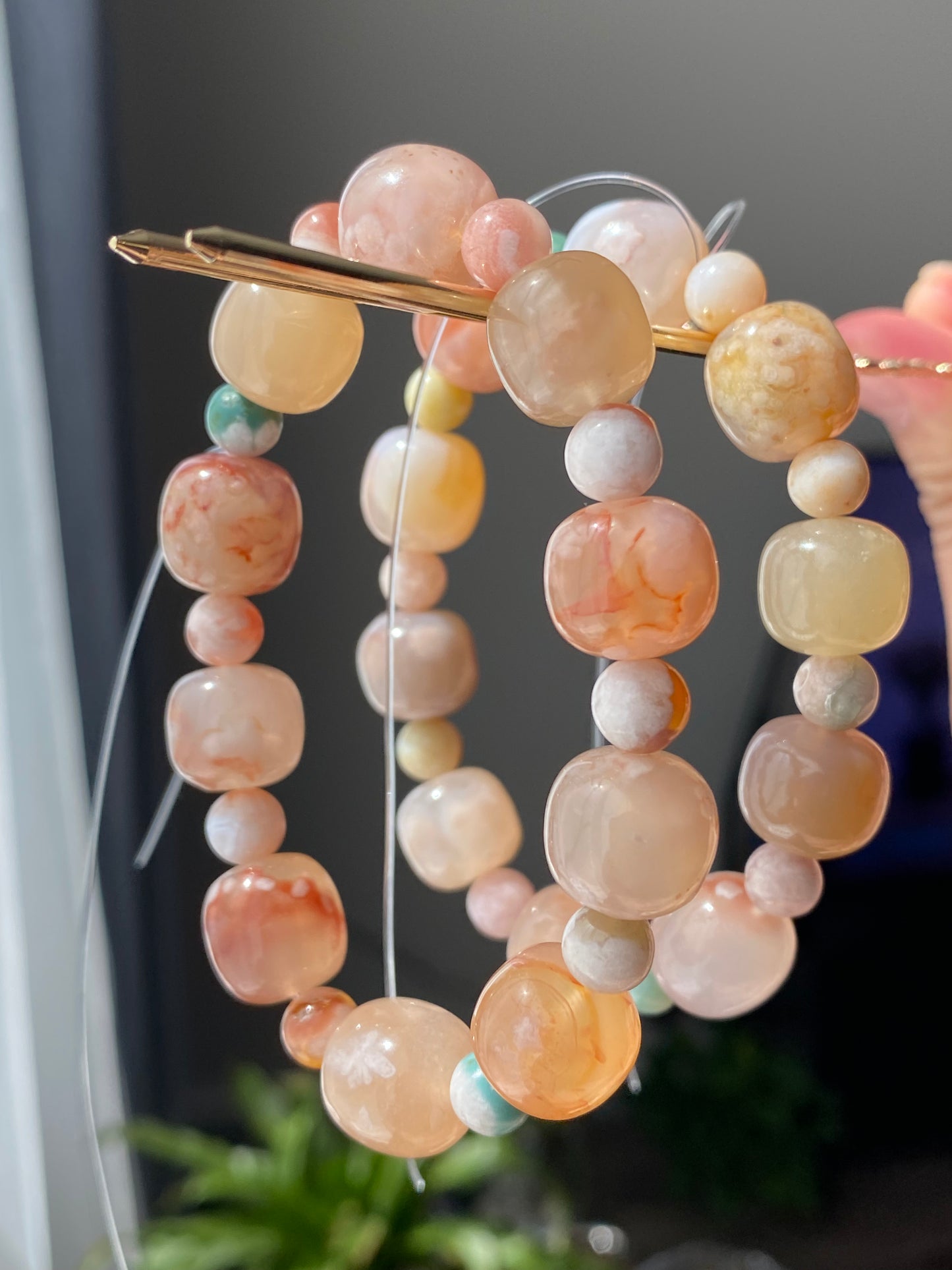 Hand made Natural flower agate, sakura agate, cherry blossom agate cube barrel shape with round beads bracelet,gift for her,gift for him