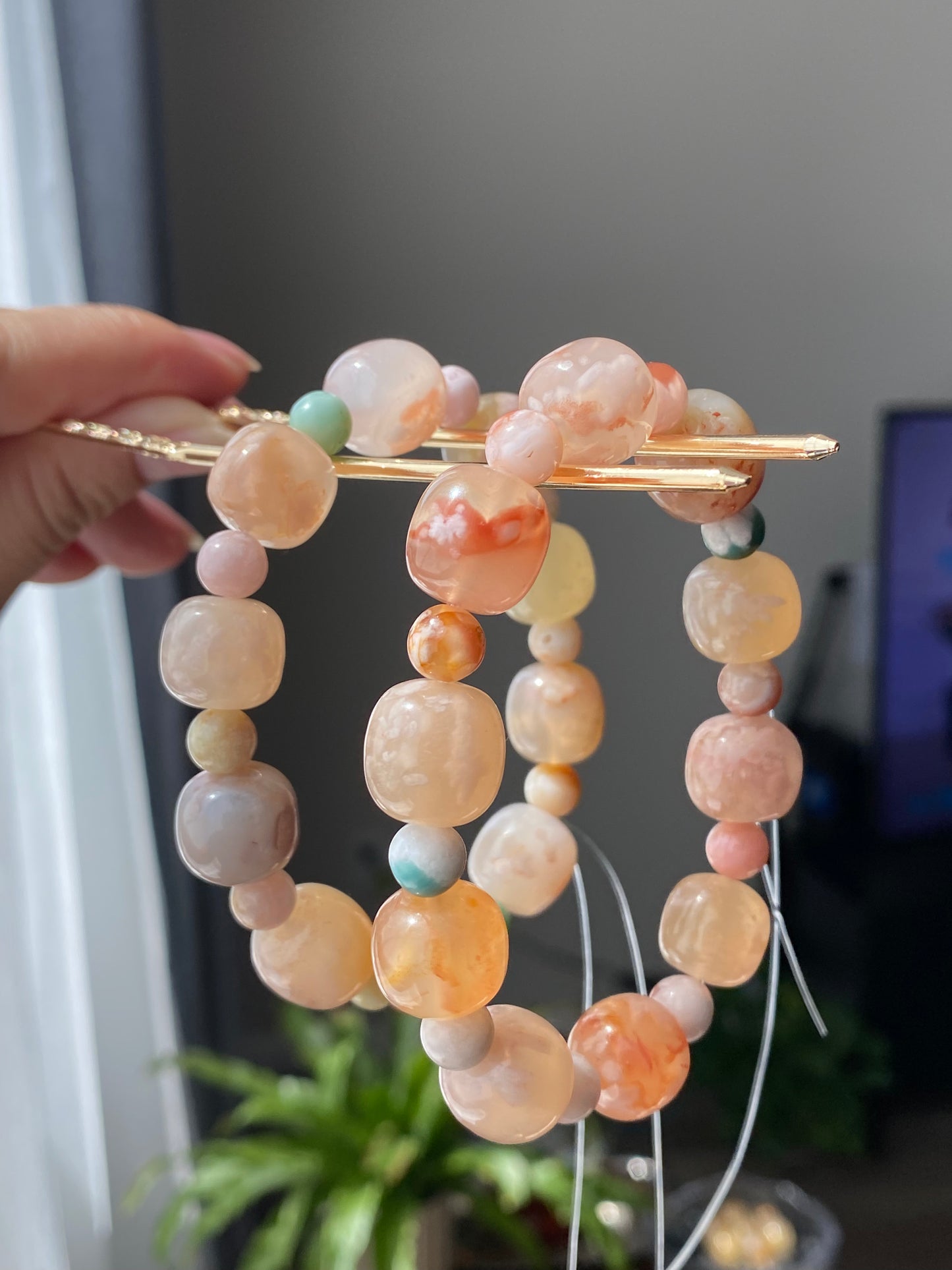 Hand made Natural flower agate, sakura agate, cherry blossom agate cube barrel shape with round beads bracelet,gift for her,gift for him