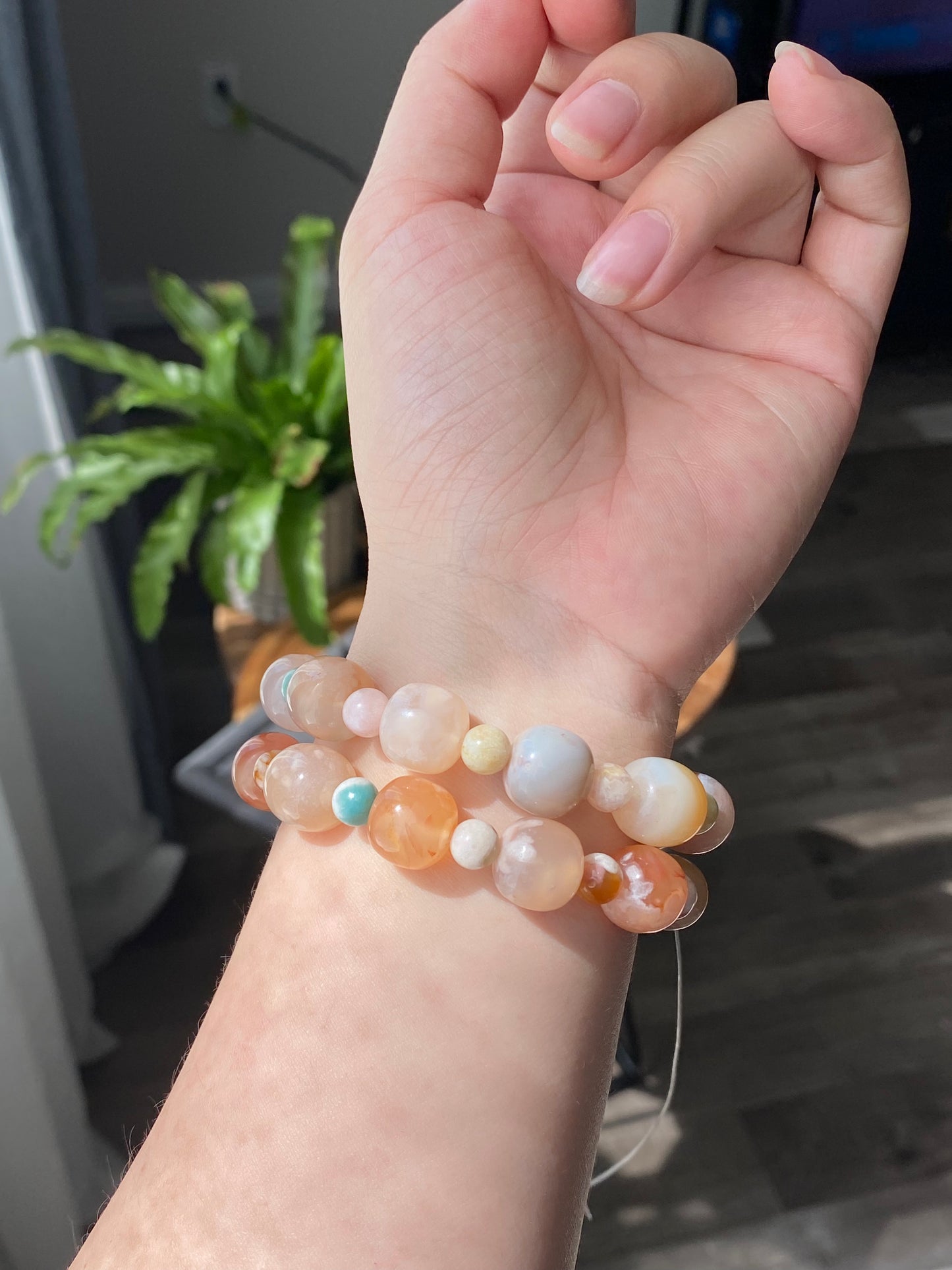 Hand made Natural flower agate, sakura agate, cherry blossom agate cube barrel shape with round beads bracelet,gift for her,gift for him