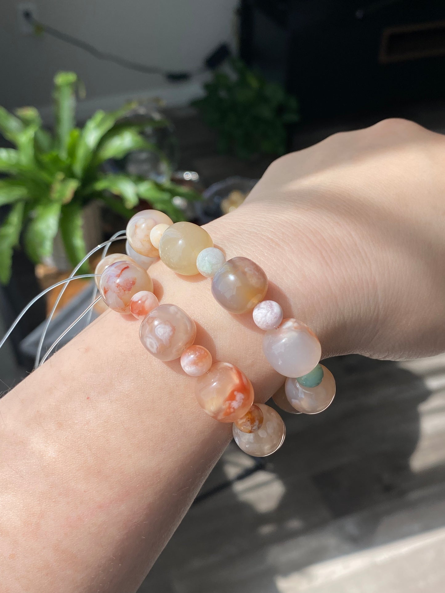 Hand made Natural flower agate, sakura agate, cherry blossom agate cube barrel shape with round beads bracelet,gift for her,gift for him