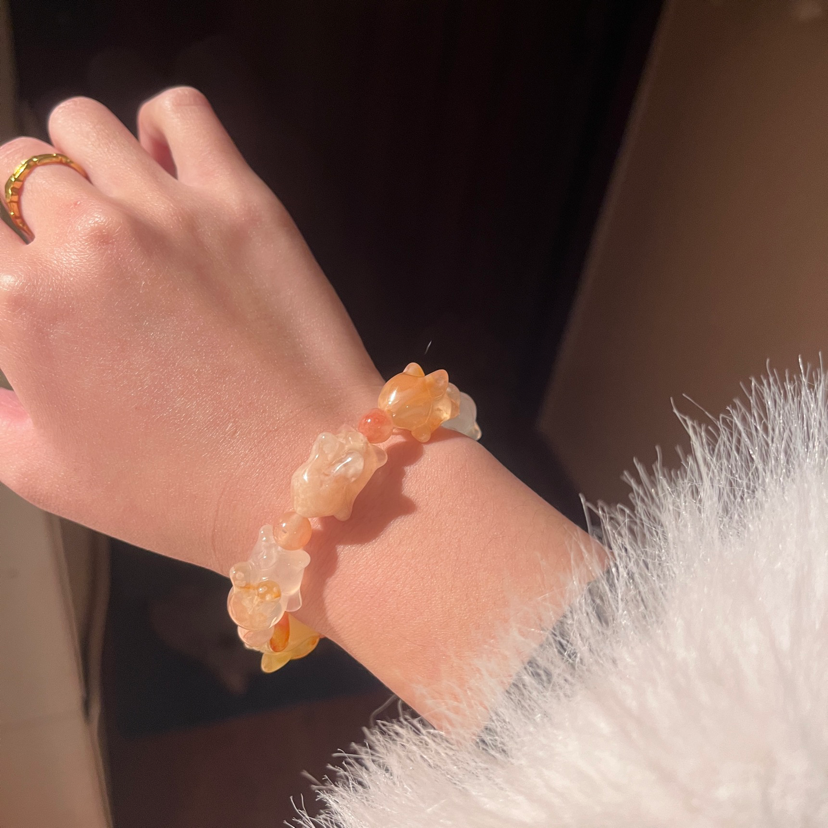 Natural Sakura Agate,flower agate hand carved bunny,rabbit beads bracelet,gift for her