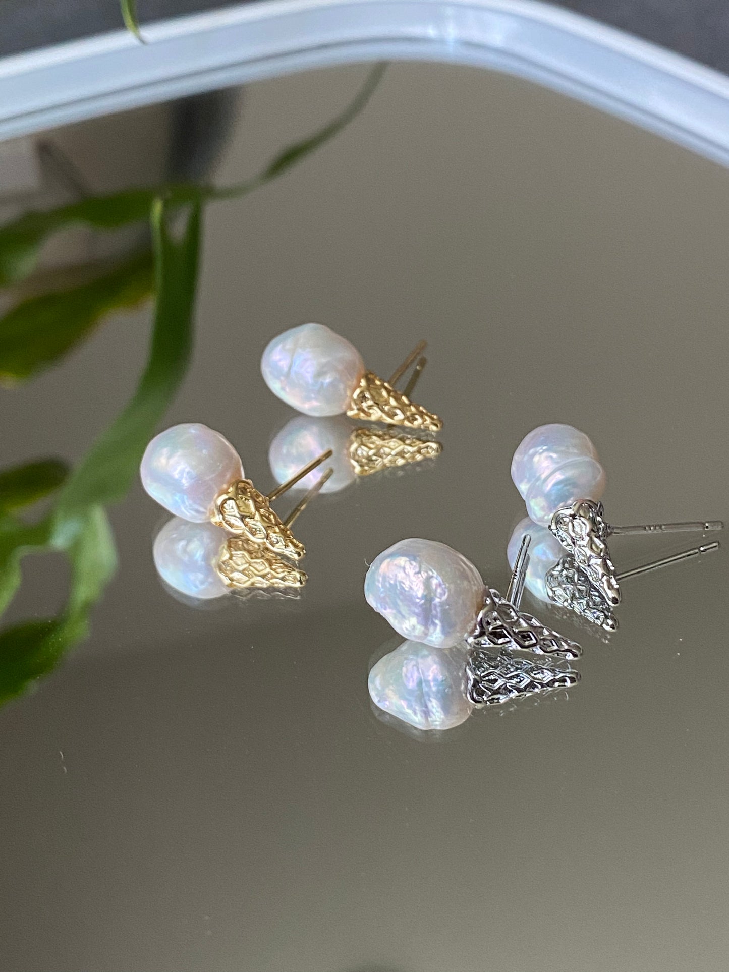 Natural freshwater pearls baroque sugar cone studd earring, ice cream cone earring,Sterling Silver Freshwater Pearl Stud Earrings