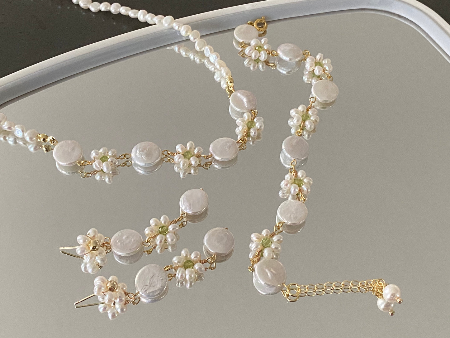 Summer Fun Natural freshwater baroque pearls with Prehnite daisy Flower elegant necklace,earring,bracelet set,