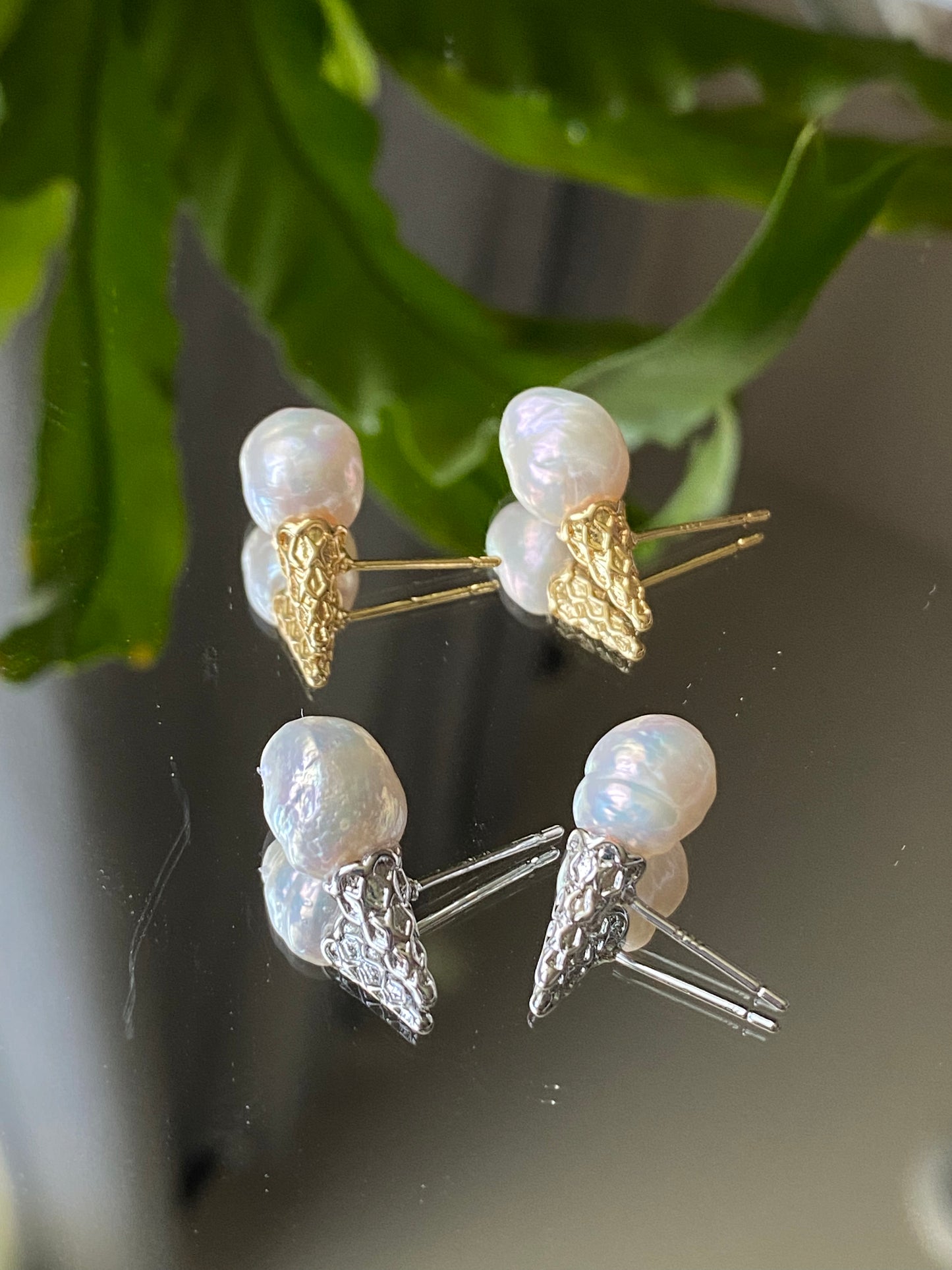 Natural freshwater pearls baroque sugar cone studd earring, ice cream cone earring,Sterling Silver Freshwater Pearl Stud Earrings