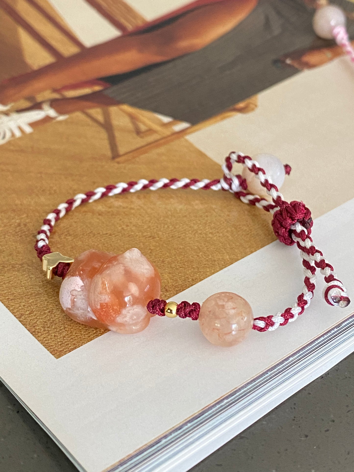 Natural hand carved flower agate,sakura agate,cherry blossom agate cat rope bracelet,self-grow and love