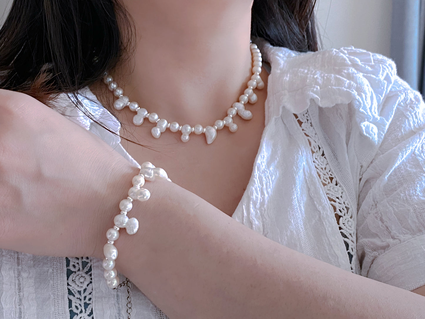 Rare find Natural freshwater pearls baroque Mixed size statement necklace,Mismatched Necklace,Layering Pearl Necklace Bracelet ,gift for her