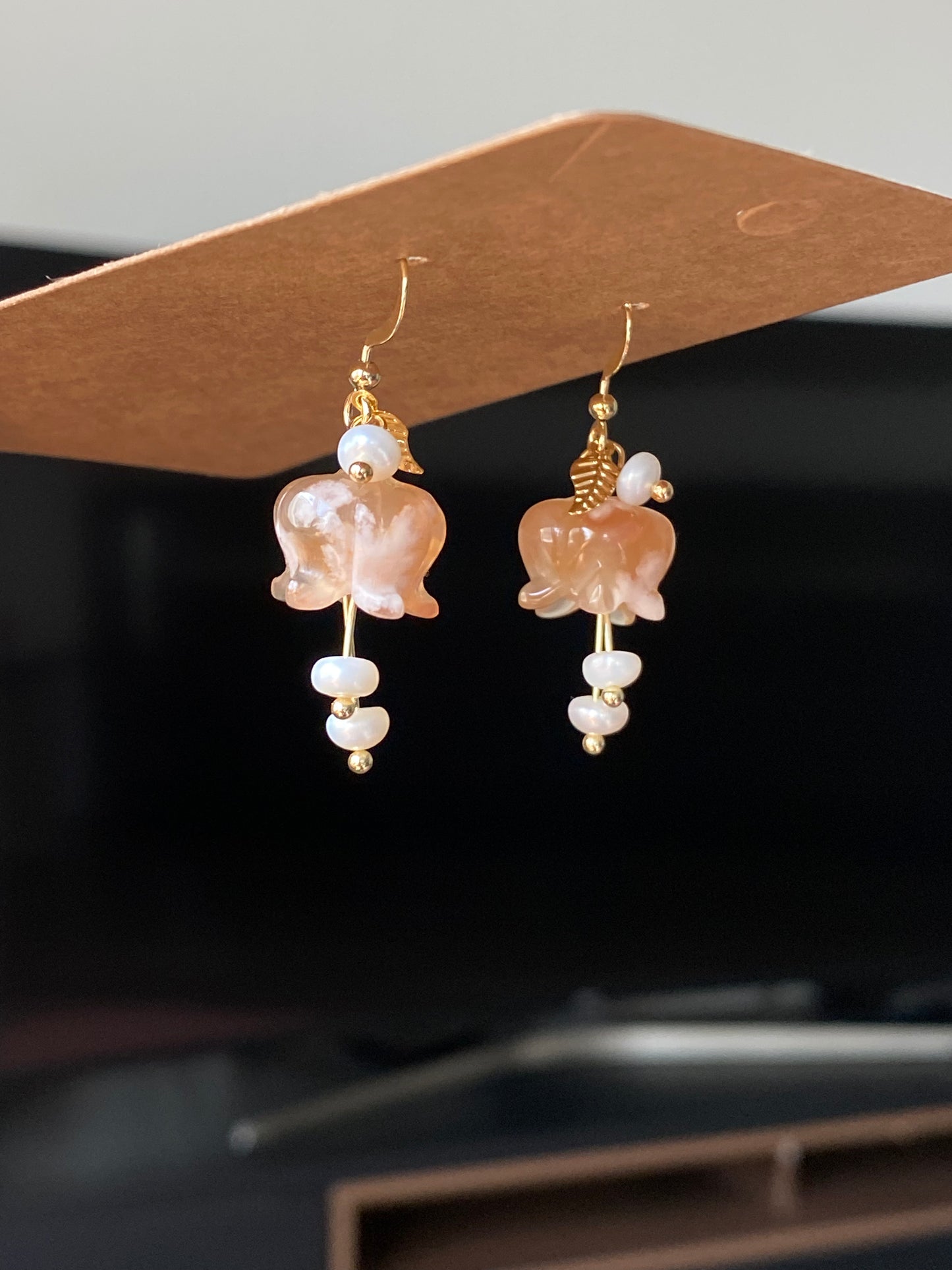 Natural Hand Carved Lily of the valley,bell Orchids,flower agate dangle drop earring,Wedding Earrings, Bridesmaid Gift,gift for her