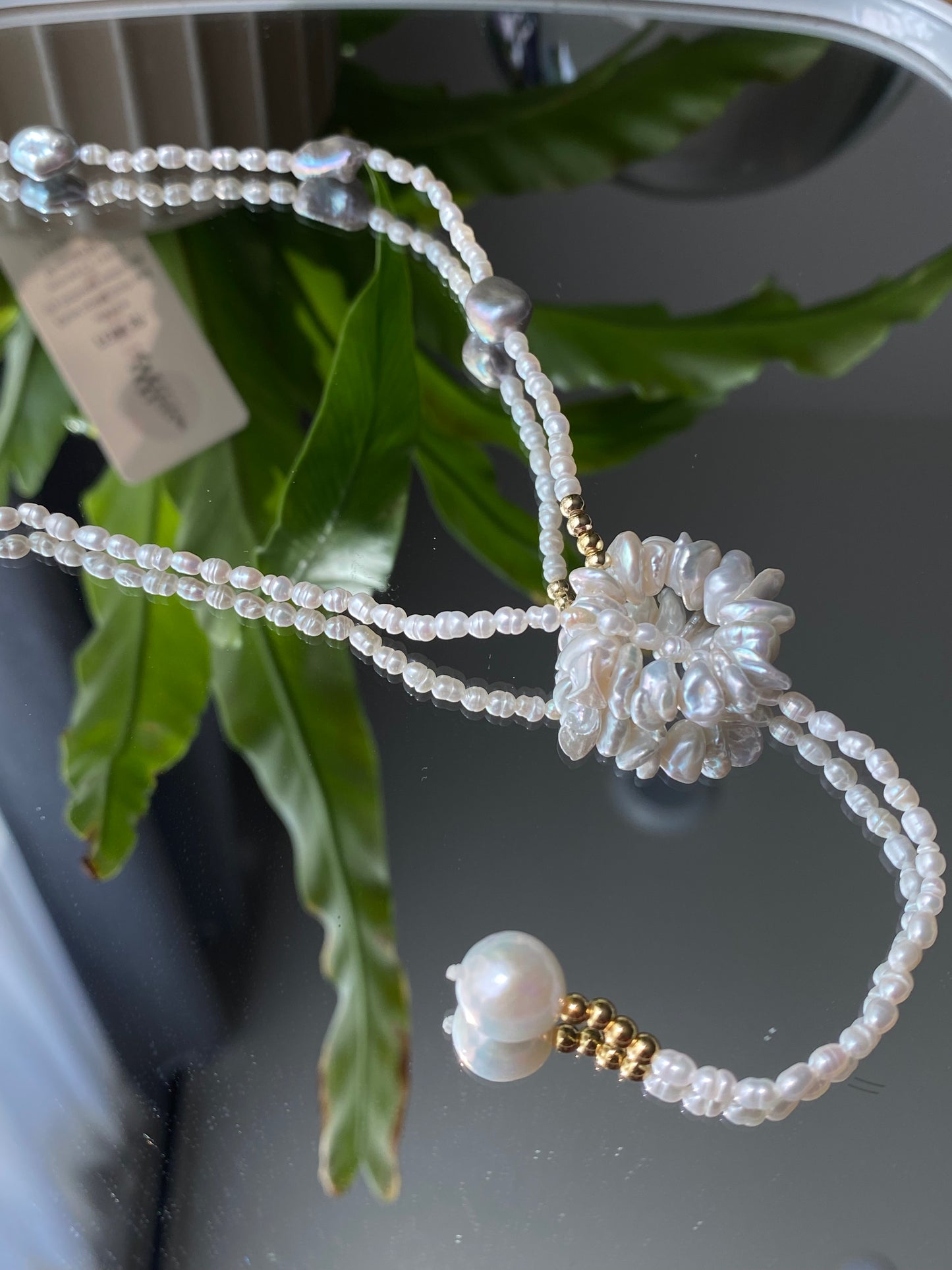 Handmade fresh water keshi pearls with akoya pearls flower multiple use necklace,triple wrap bracelet, chrismas gift