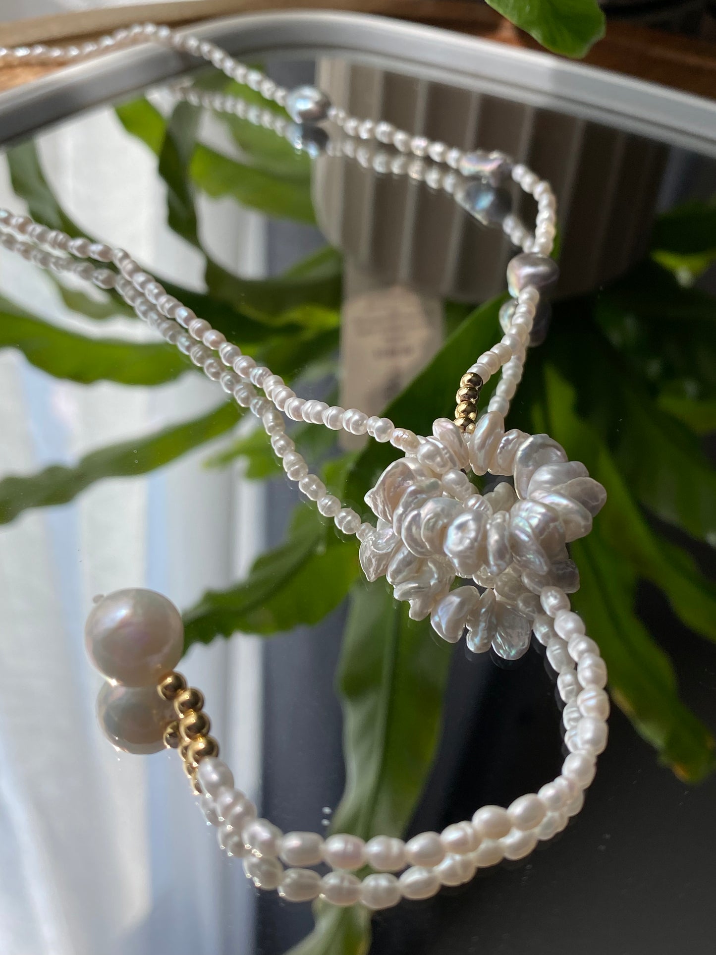 Handmade fresh water keshi pearls with akoya pearls flower multiple use necklace,triple wrap bracelet, chrismas gift