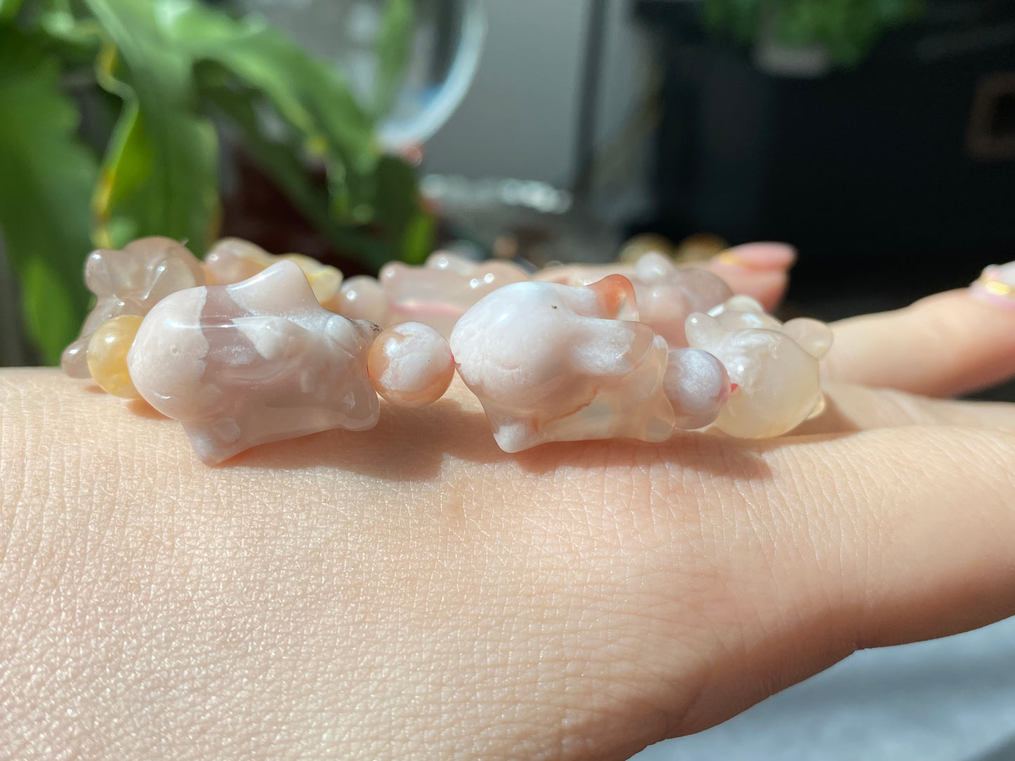 Natural Sakura Agate,flower agate hand carved bunny,rabbit beads bracelet,gift for her