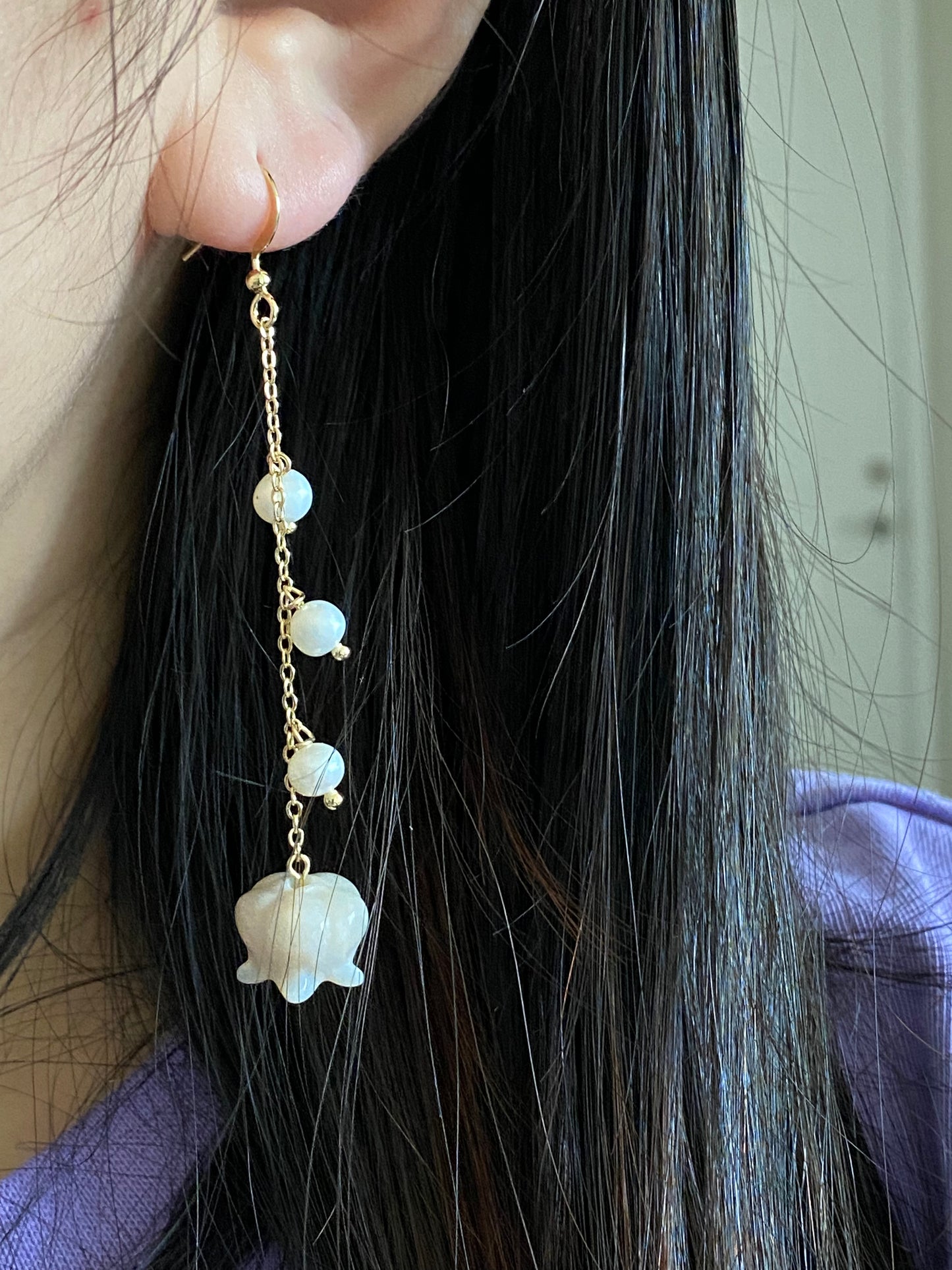 Natural Hand Carved Lily of the valley,bell Orchids,flower agate dangle drop earring,Wedding Earrings, Bridesmaid Gift,gift for her