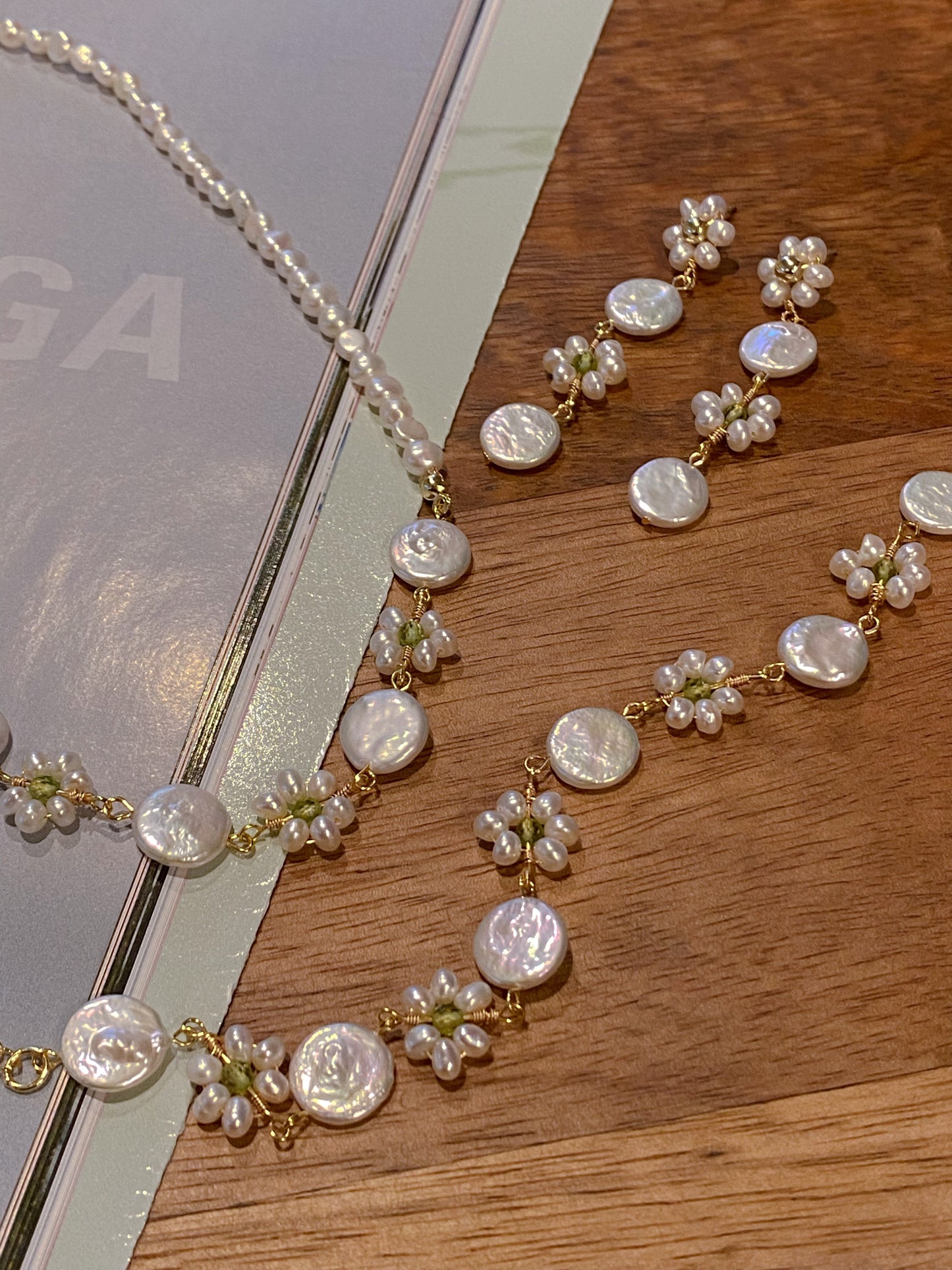 Summer Fun Natural freshwater baroque pearls with Prehnite daisy Flower elegant necklace,earring,bracelet set,