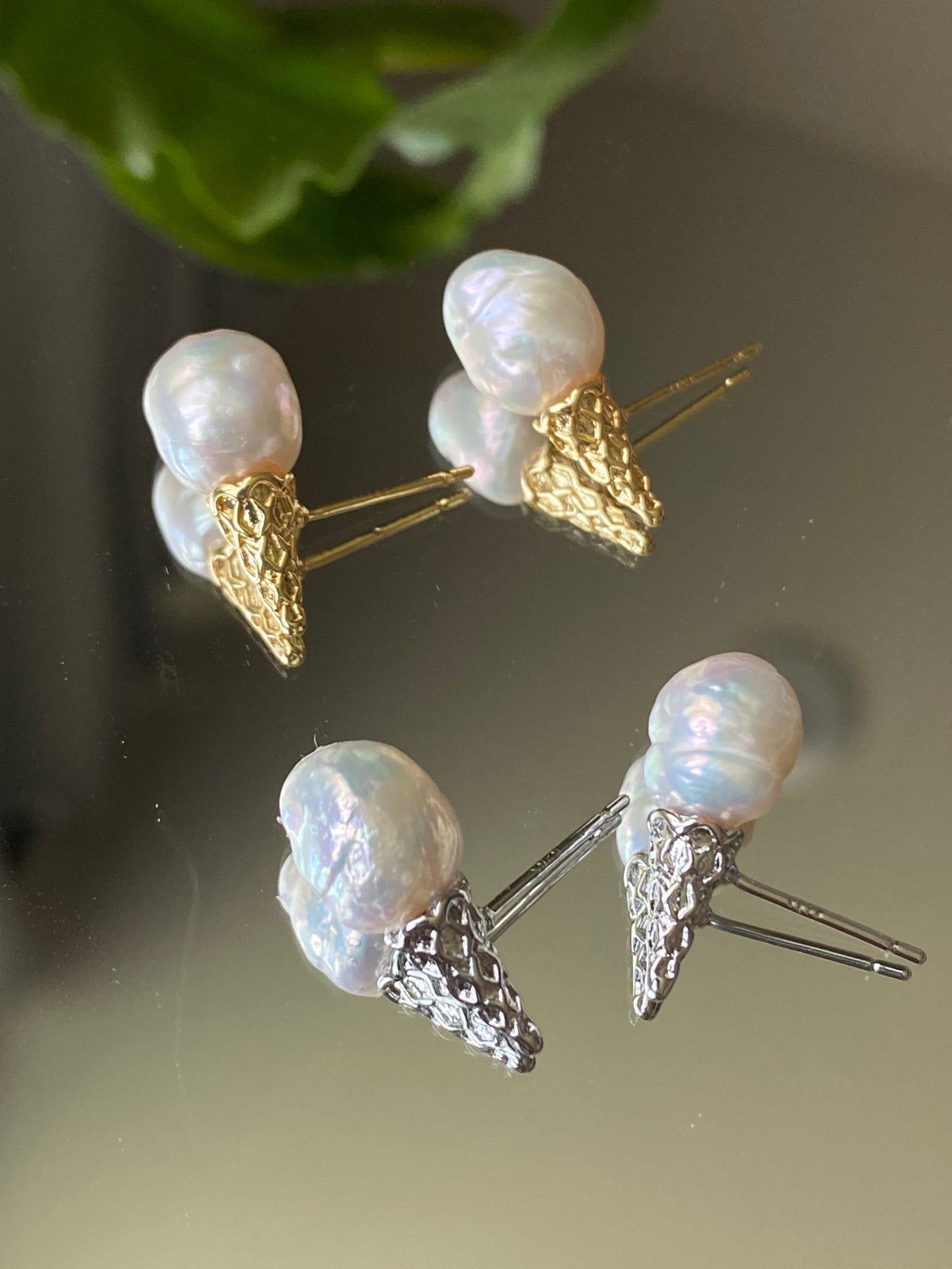 Natural freshwater pearls baroque sugar cone studd earring, ice cream cone earring,Sterling Silver Freshwater Pearl Stud Earrings