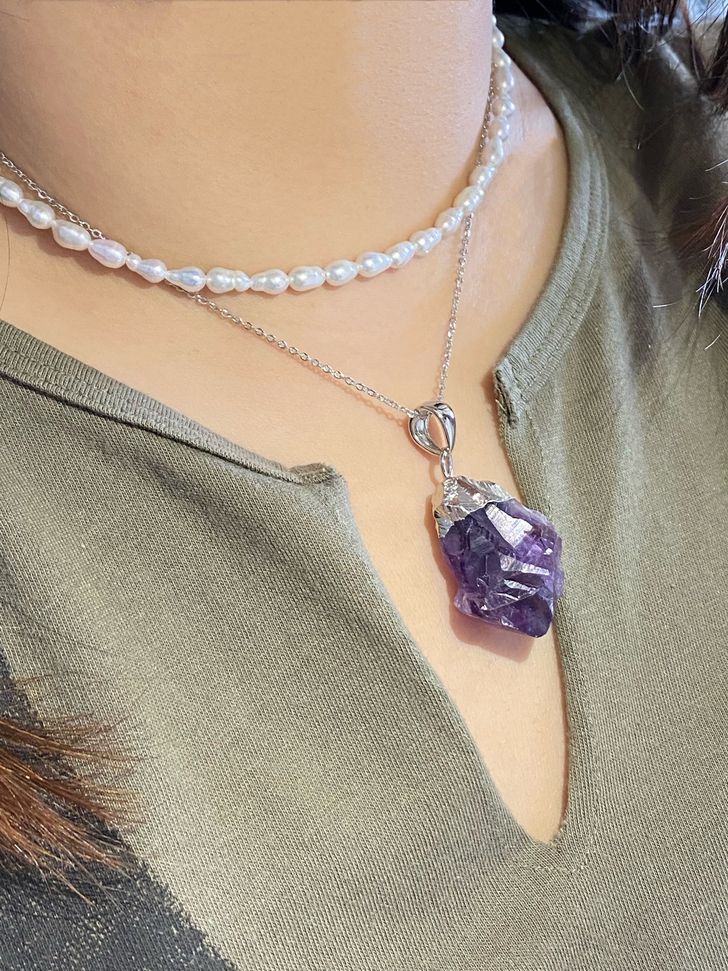 Natural Raw Amethyst rock Sterling silver Raw Crystal Necklace, Natural Amethyst Jewelry, Empath Protection Necklace