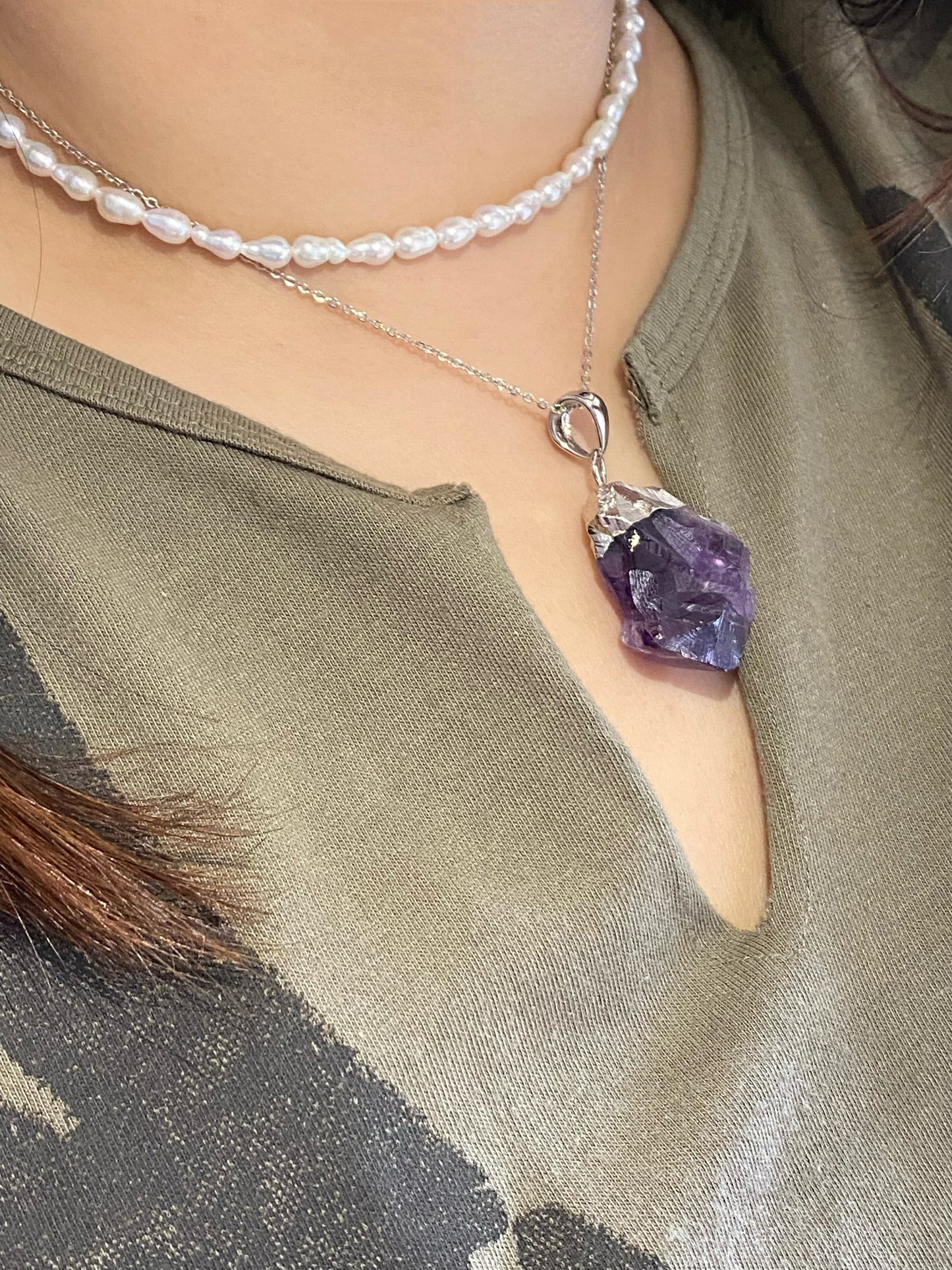 Natural Raw Amethyst rock Sterling silver Raw Crystal Necklace, Natural Amethyst Jewelry, Empath Protection Necklace