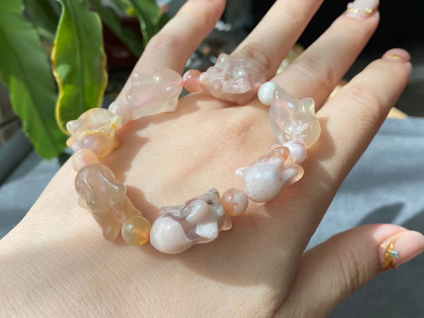 Natural Sakura Agate,flower agate hand carved bunny,rabbit beads bracelet,gift for her