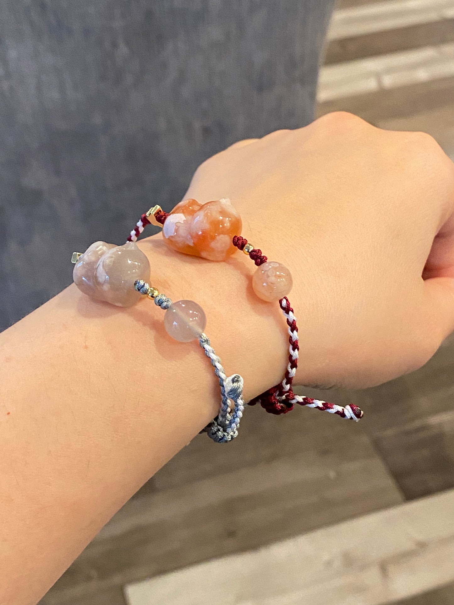 Natural hand carved flower agate,sakura agate,cherry blossom agate cat rope bracelet,self-grow and love