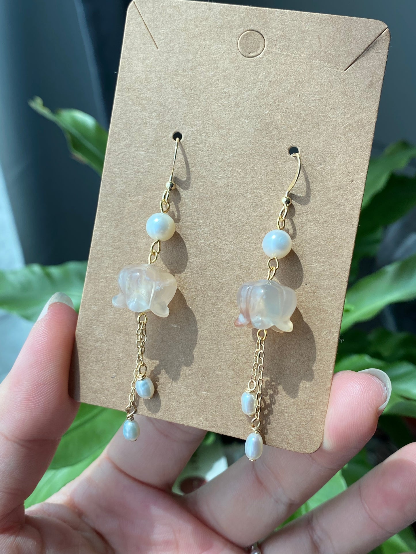 Natural Hand Carved Lily of the valley,bell Orchids,flower agate dangle drop earring,Wedding Earrings, Bridesmaid Gift,gift for her