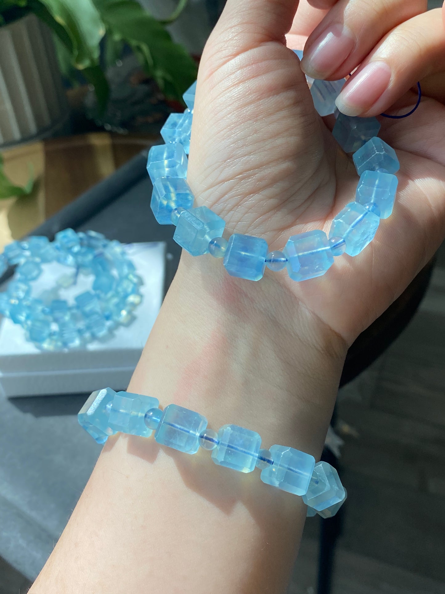 10MM Natural high clear grade square cube shape sky blue Aquamarine bracelet,gift for her,Valentine's Day gift