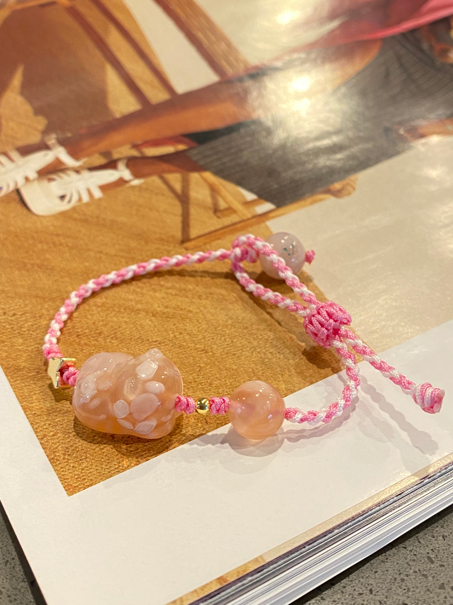 Natural hand carved flower agate,sakura agate,cherry blossom agate cat rope bracelet,self-grow and love