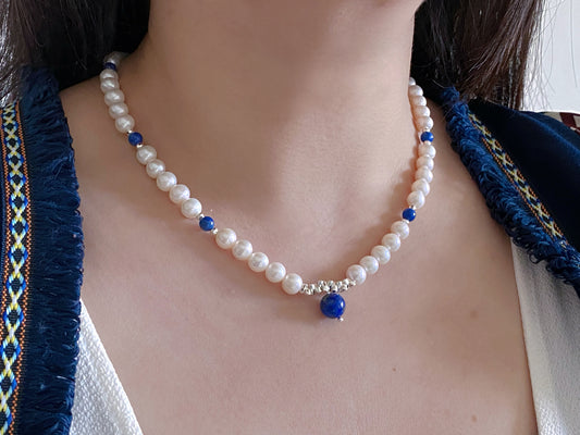 freshwater pearls with lapis lazuli vintage beach style necklace,gift for her,mother's day gift