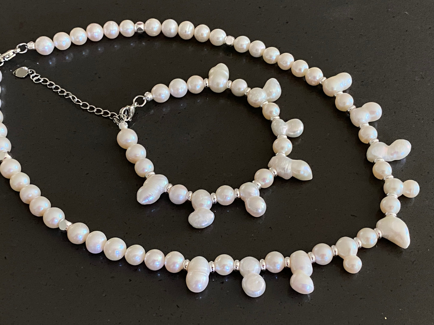 Rare find Natural freshwater pearls baroque Mixed size statement necklace,Mismatched Necklace,Layering Pearl Necklace Bracelet ,gift for her