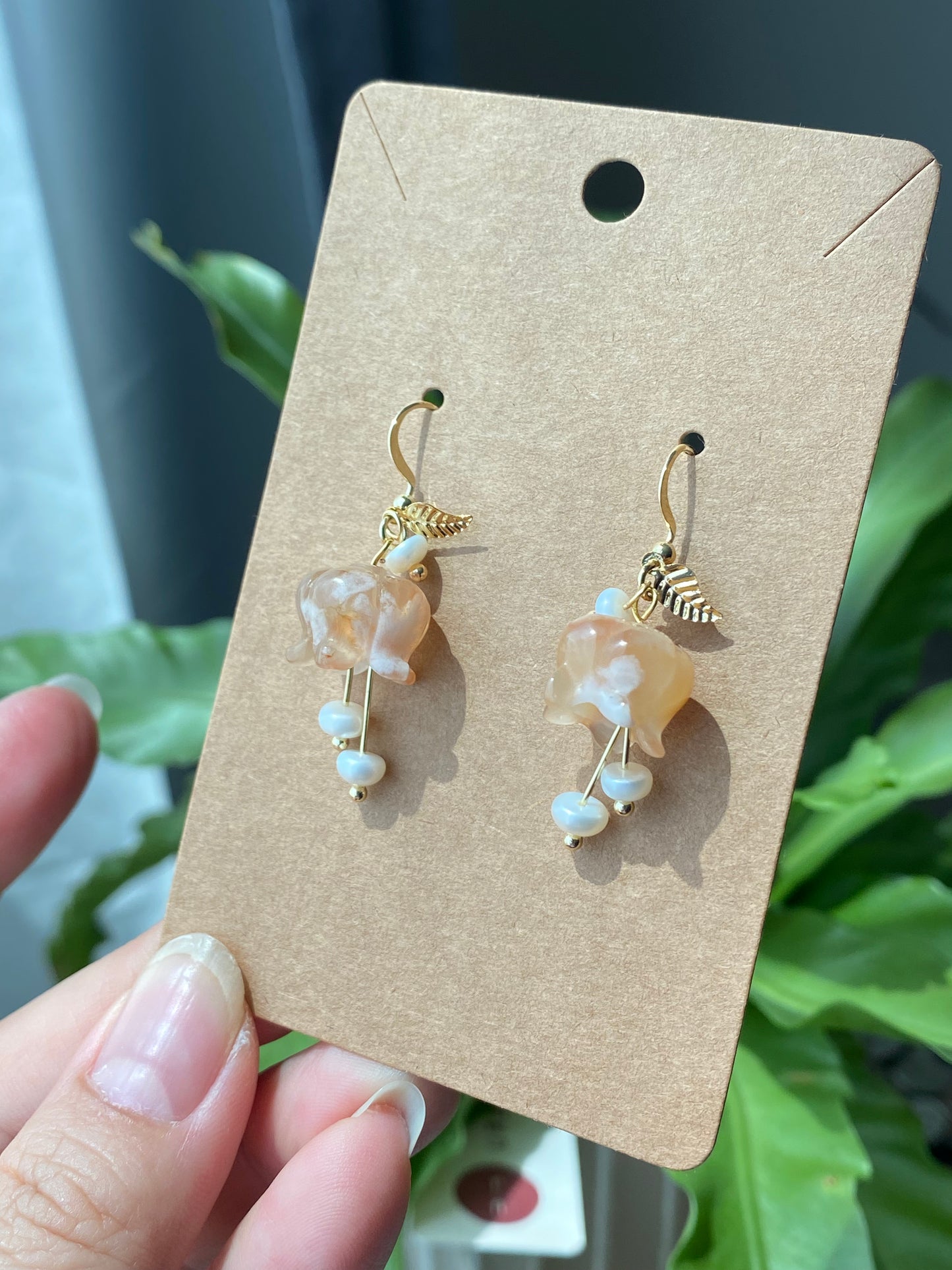 Natural Hand Carved Lily of the valley,bell Orchids,flower agate dangle drop earring,Wedding Earrings, Bridesmaid Gift,gift for her