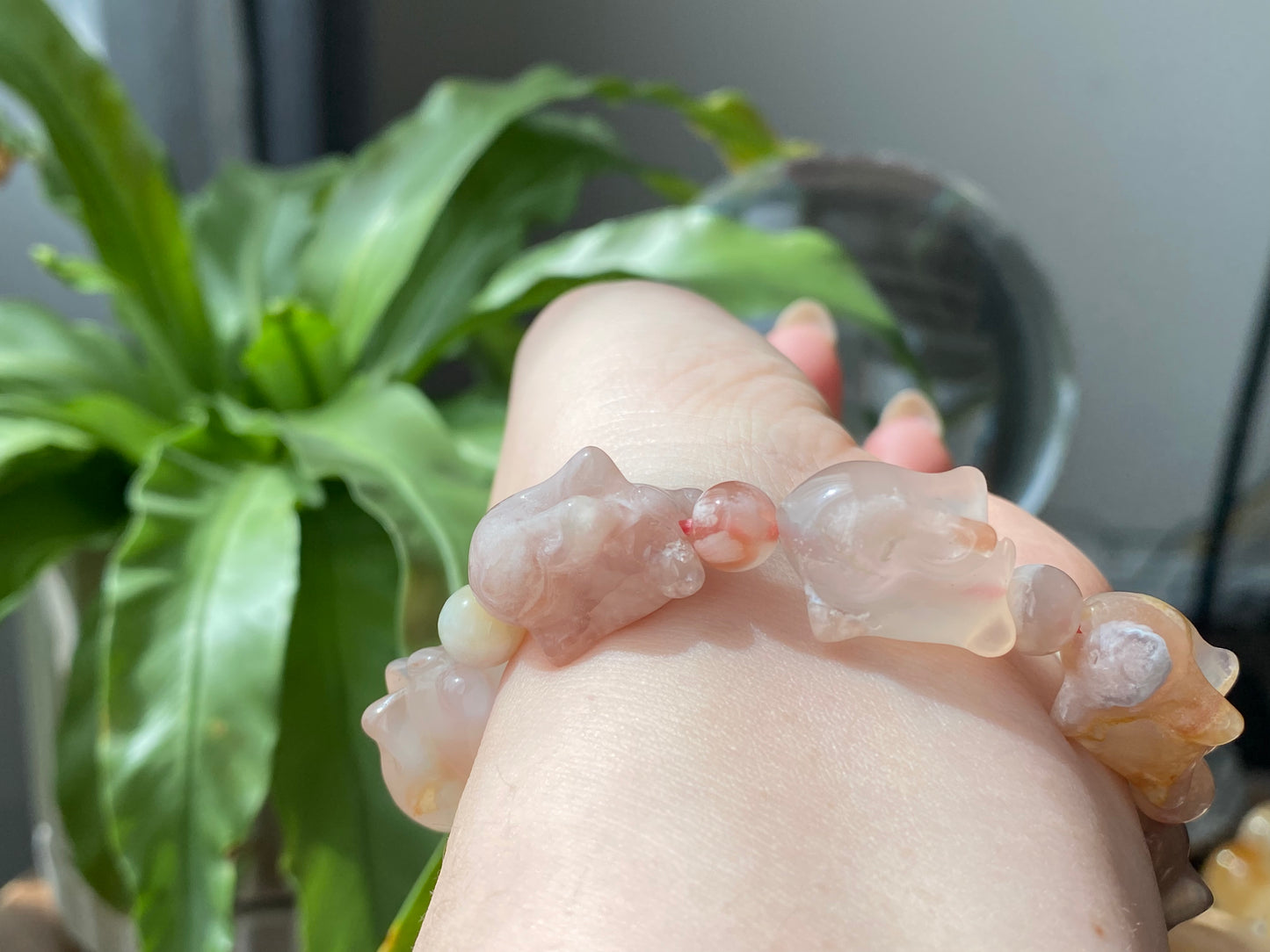 Natural Sakura Agate,flower agate hand carved bunny,rabbit beads bracelet,gift for her