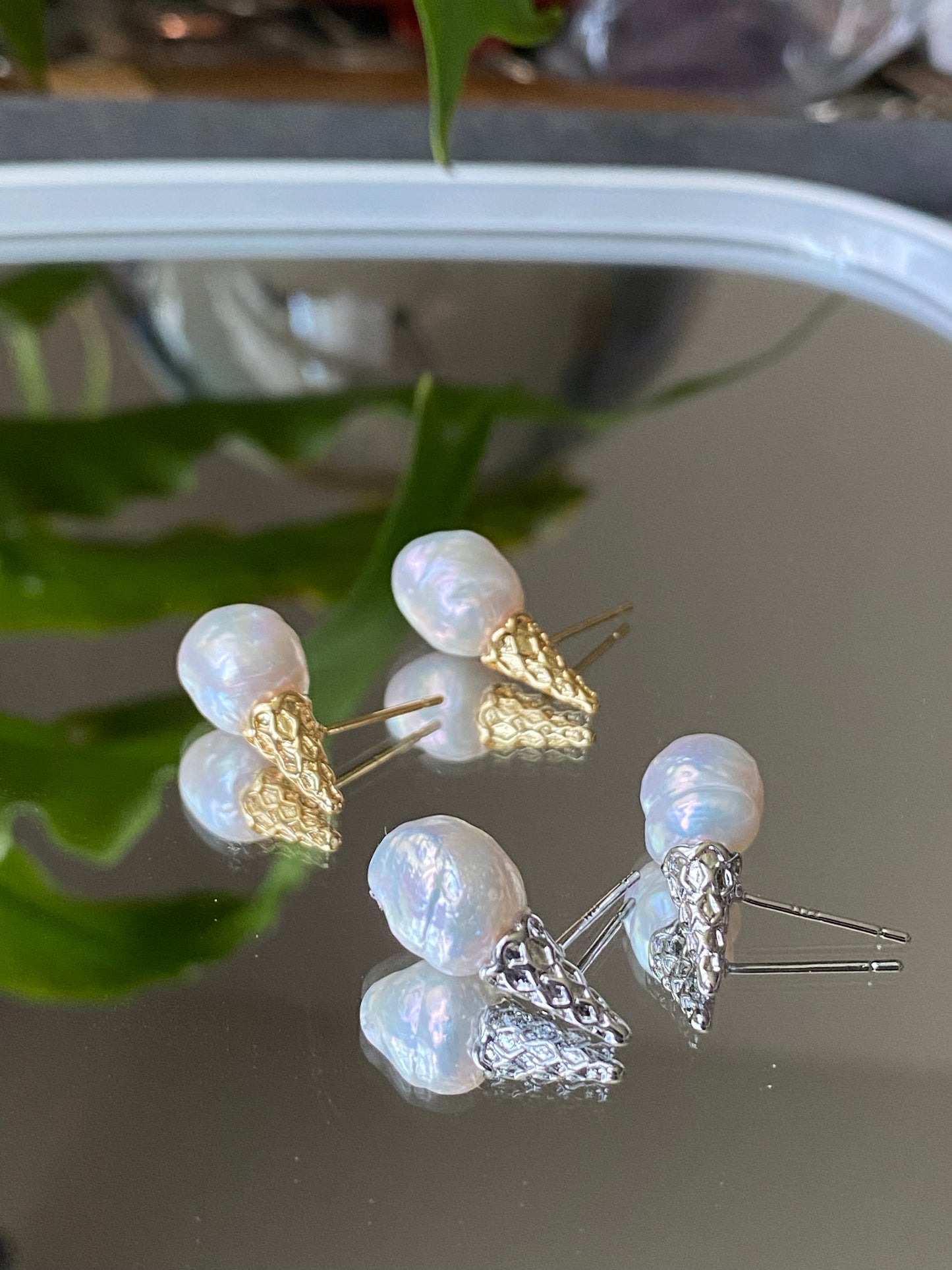 Natural freshwater pearls baroque sugar cone studd earring, ice cream cone earring,Sterling Silver Freshwater Pearl Stud Earrings