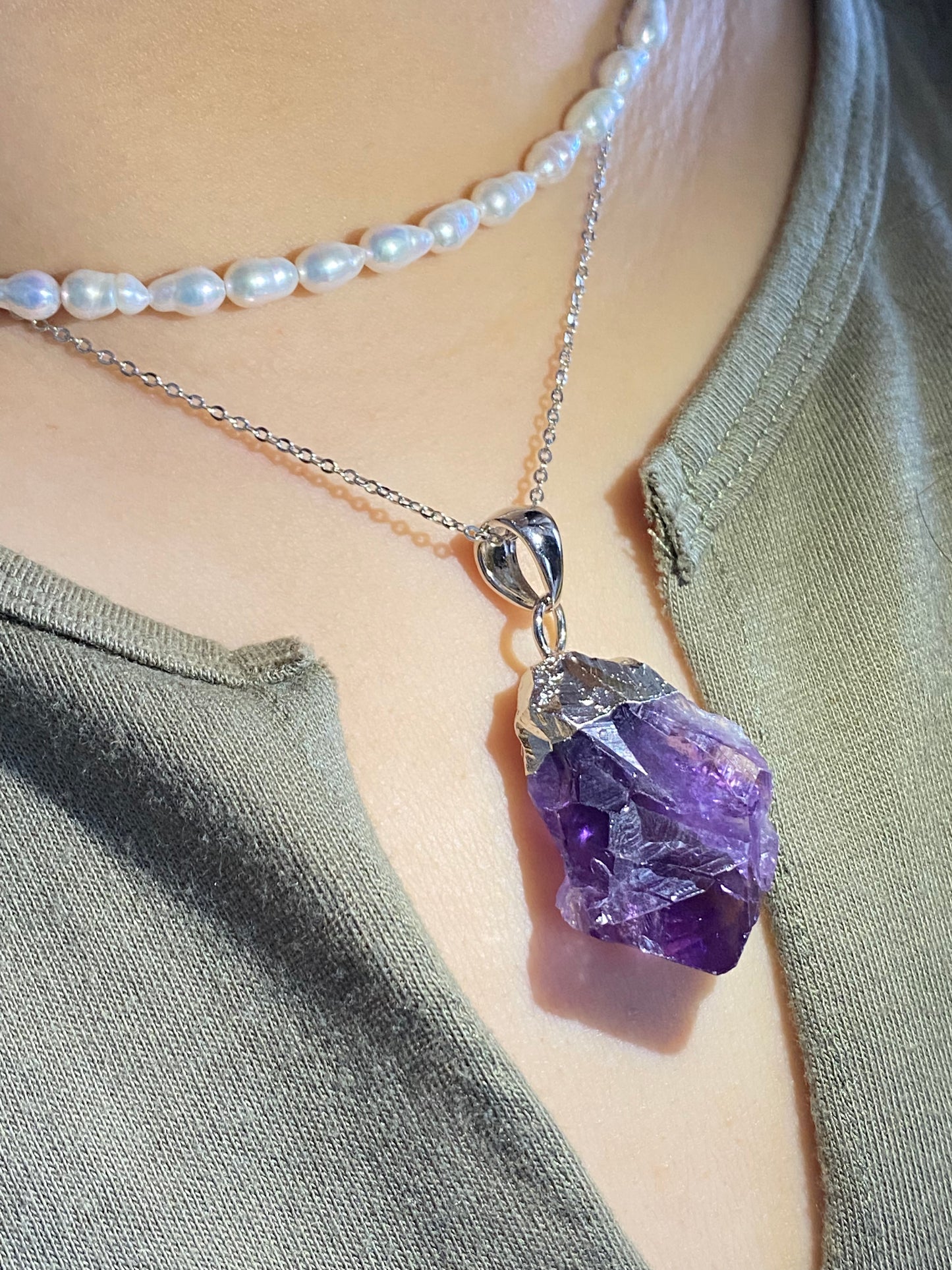 Natural Raw Amethyst rock Sterling silver Raw Crystal Necklace, Natural Amethyst Jewelry, Empath Protection Necklace