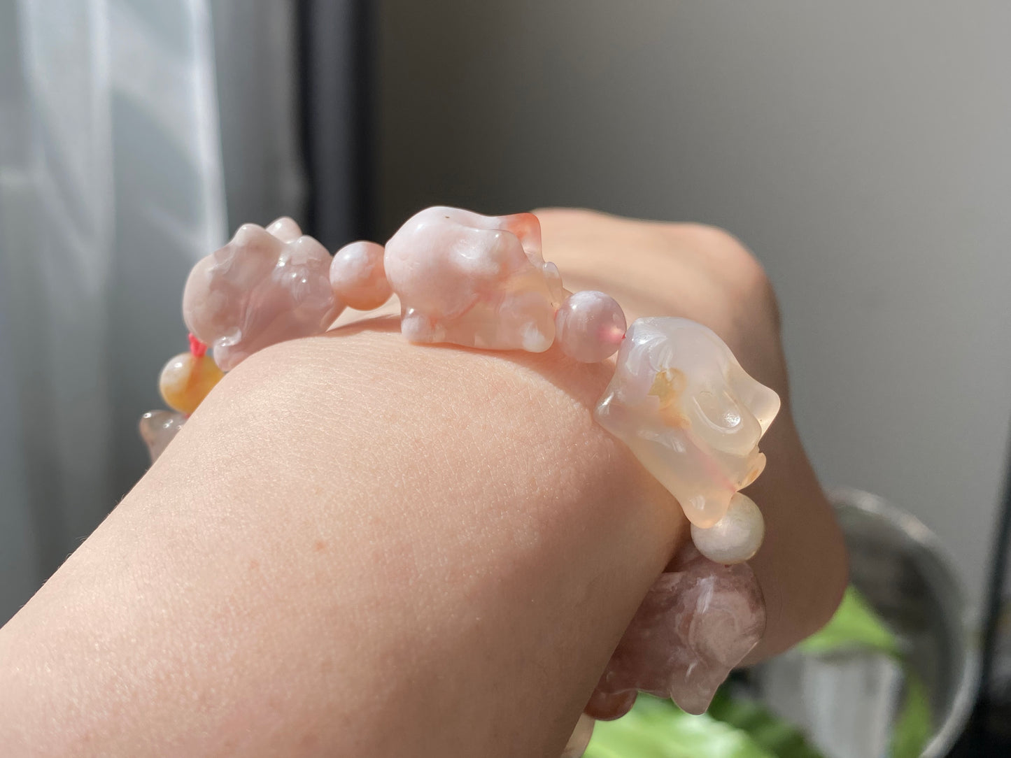 Natural Sakura Agate,flower agate hand carved bunny,rabbit beads bracelet,gift for her