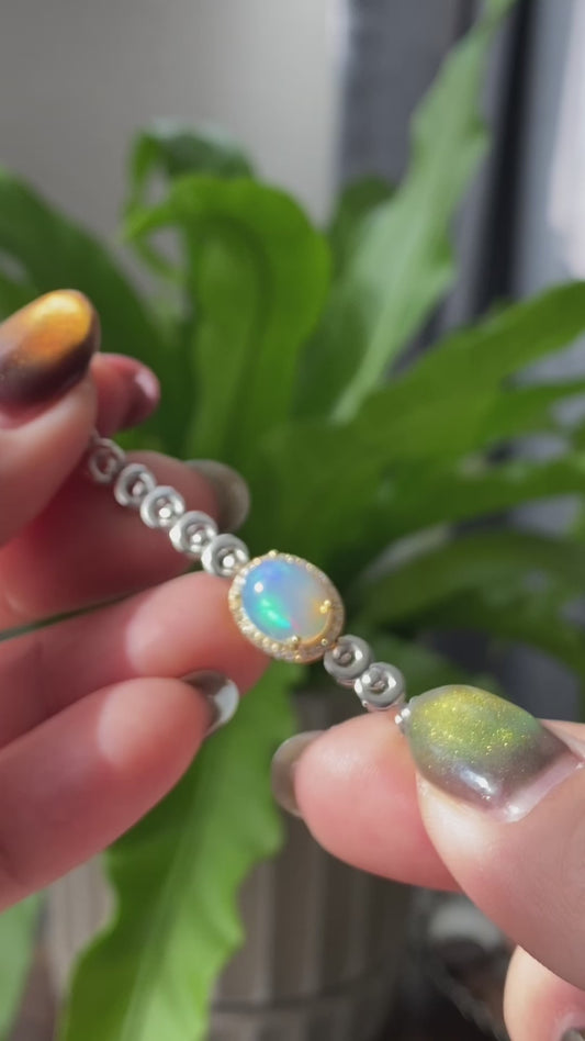 Super shinning Natural Shinning Green Blue fire Opal Oval Shape Moon and Sun Sterling silver bracelet, gift for her,anniversary gift