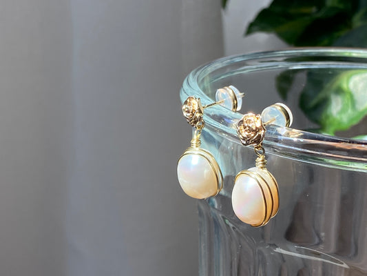 14k gold rose pearl drop earring