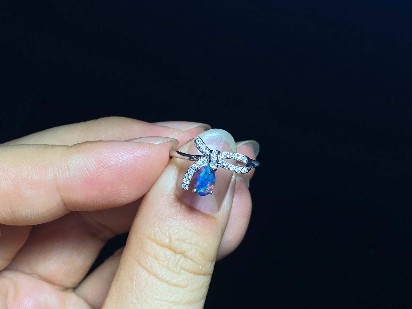 Natural Opal blue green red fire Sterling silver ring bow,feather, dragonfly，Gift for her