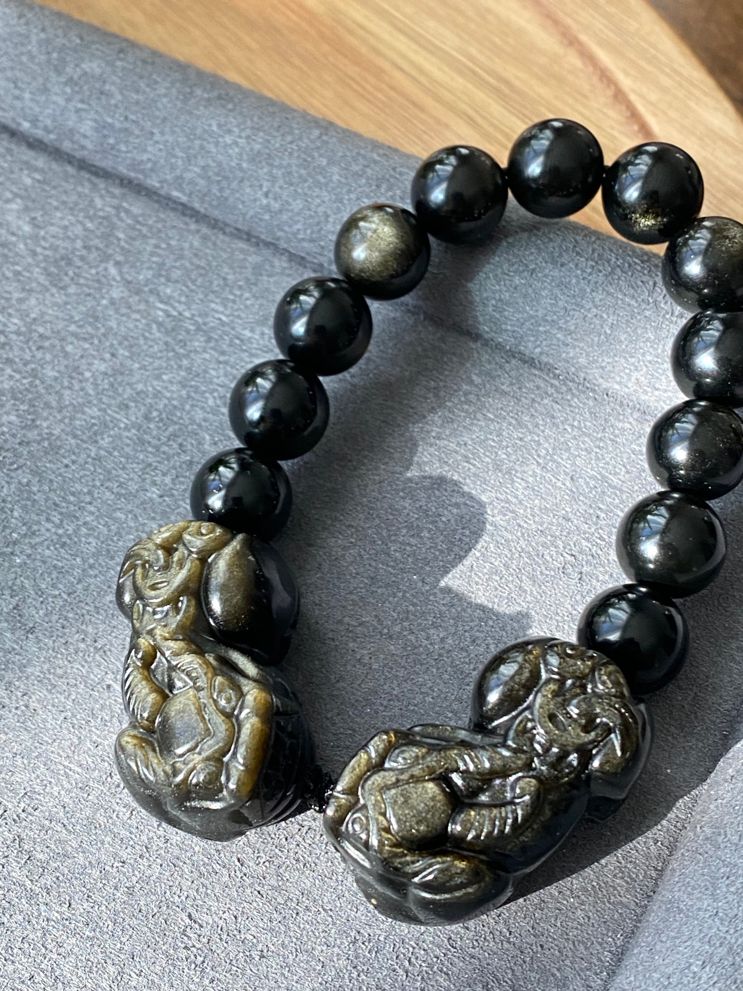 High Rare Grade Natural Golden Obsidian with Hand Craved Pixiu,Brave Troops Charm Bead bracelet, gift for him