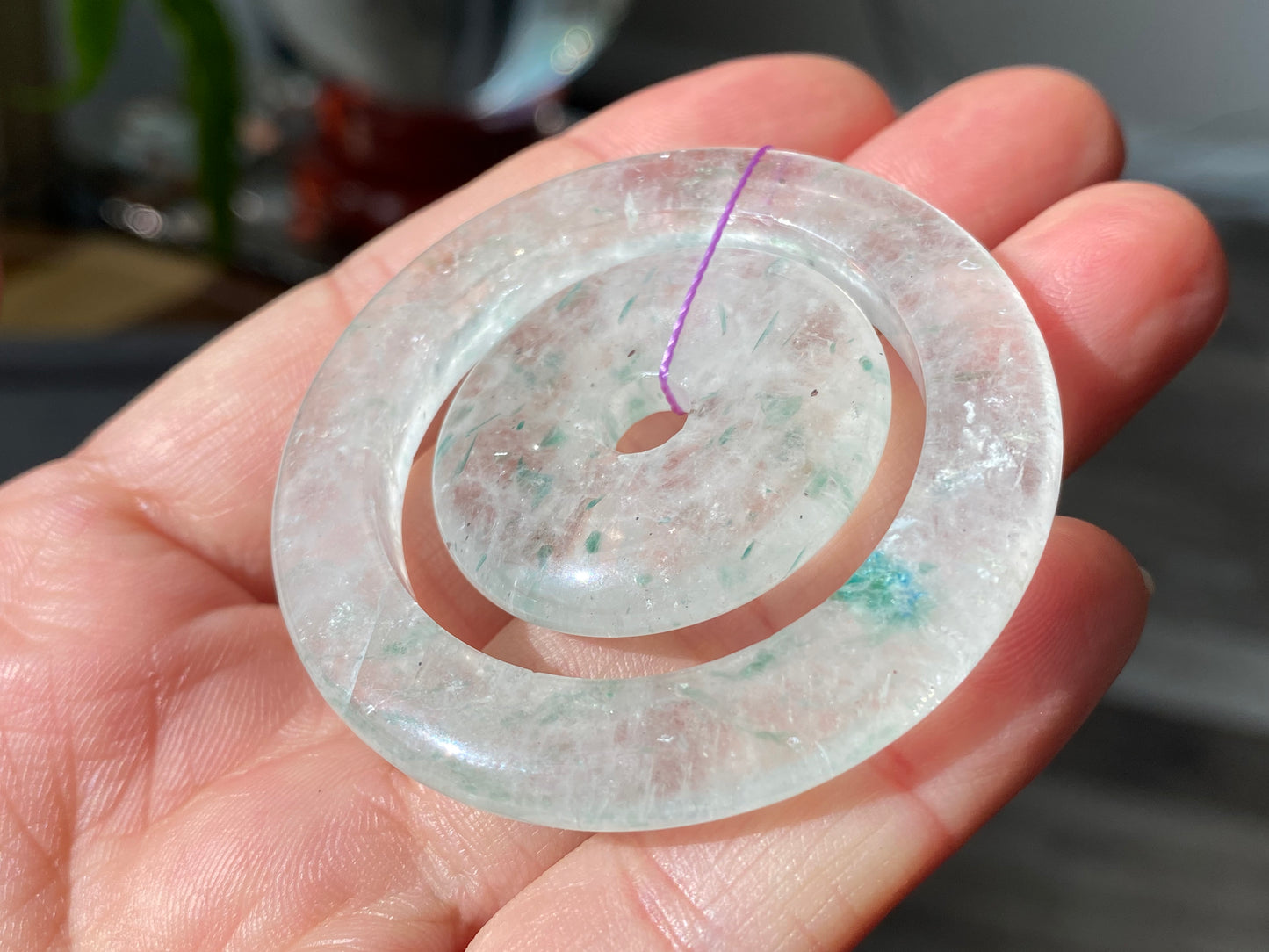 Natural Rare Green Mica Quartz Crystal Double Donut Circle Ring Pendant