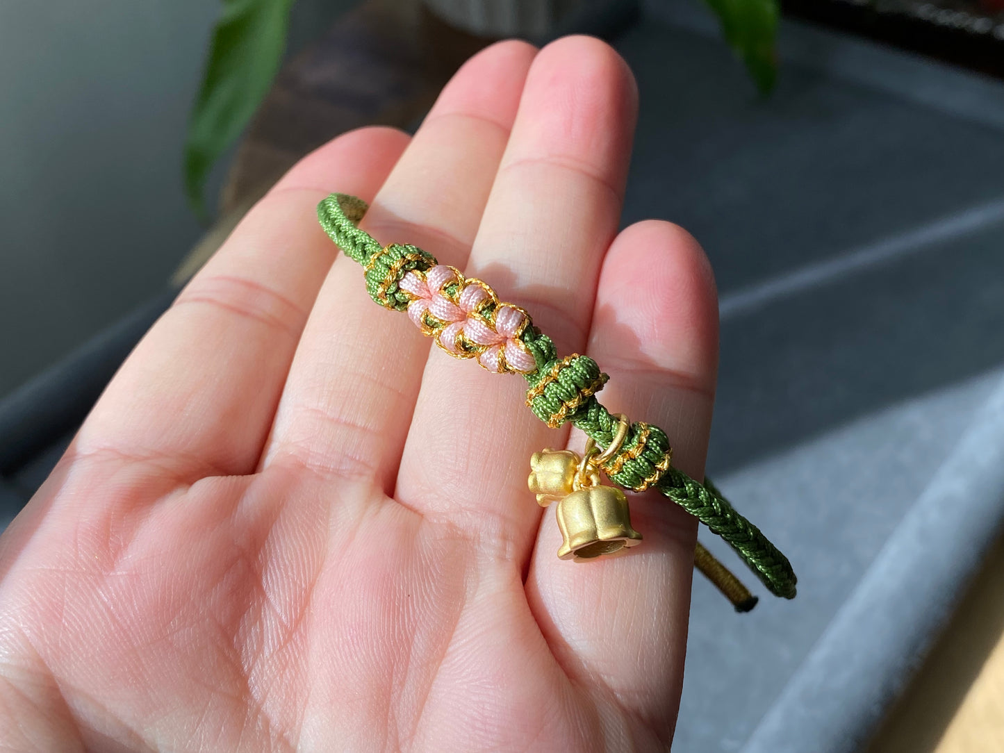 Handmade Alluvial gold Peach Flower Adjustable Braiding bracelet Best wish Bracelet “Being lucky in love”