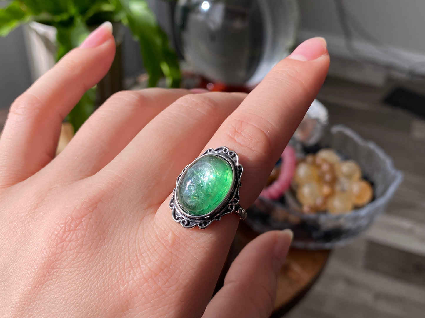 Green Mica LEPIDOLITE Crystal Vintage style Adjustable Ring big Oval Shape