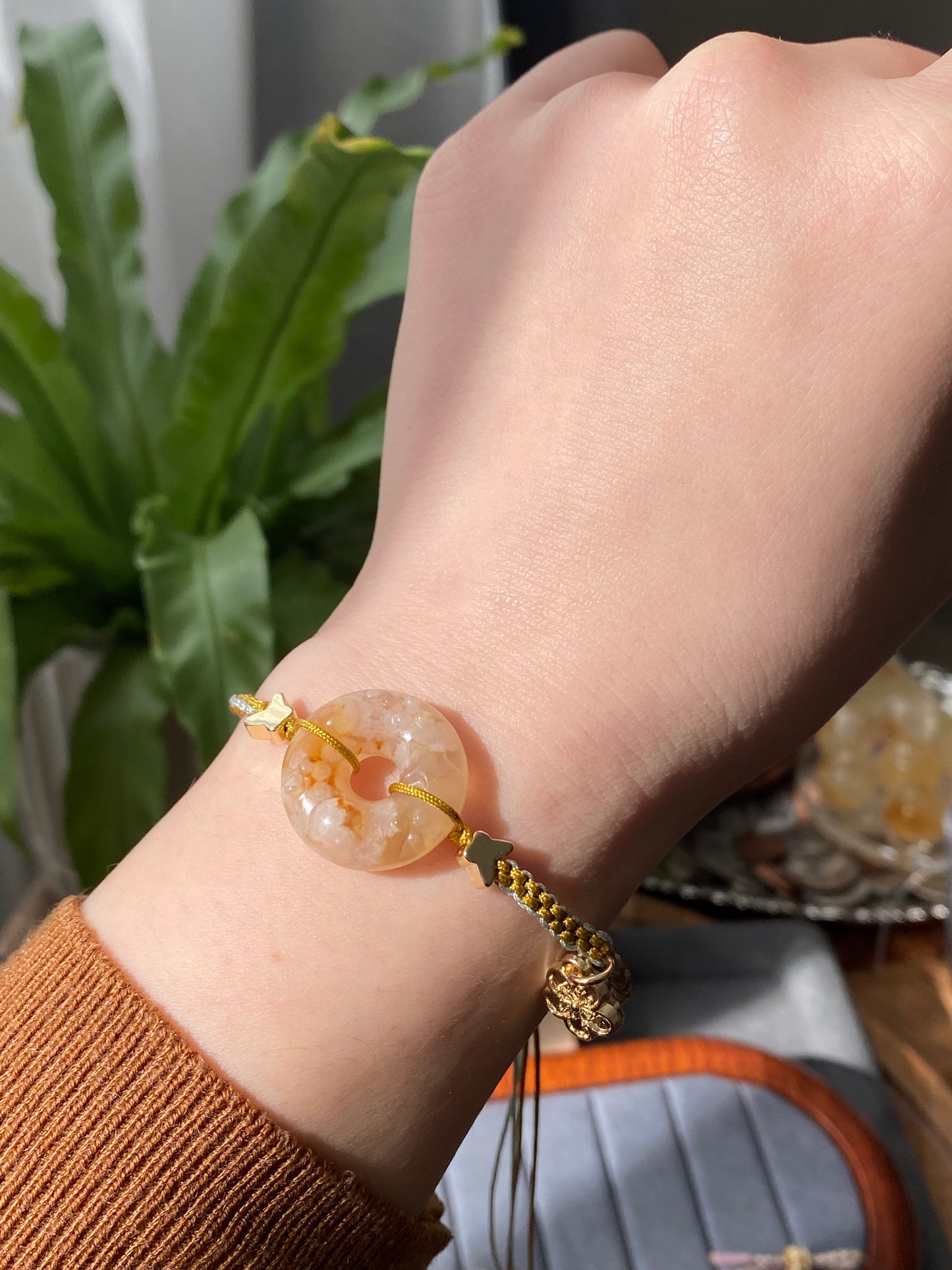 Natural Sakura Agate,cherry blossom agate hand carved hello kitty,star Donut ring braided rope Bracelet，Handmade Bracelet