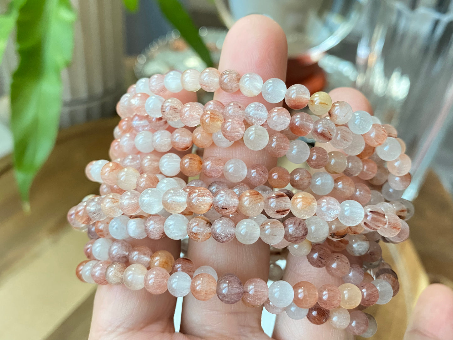 AAAA Grade Natural Rutilated Quartz White Pink Red rabbit Rutilated crystal bead bracelet 5mm+ Negative Energy Clearing and Protection